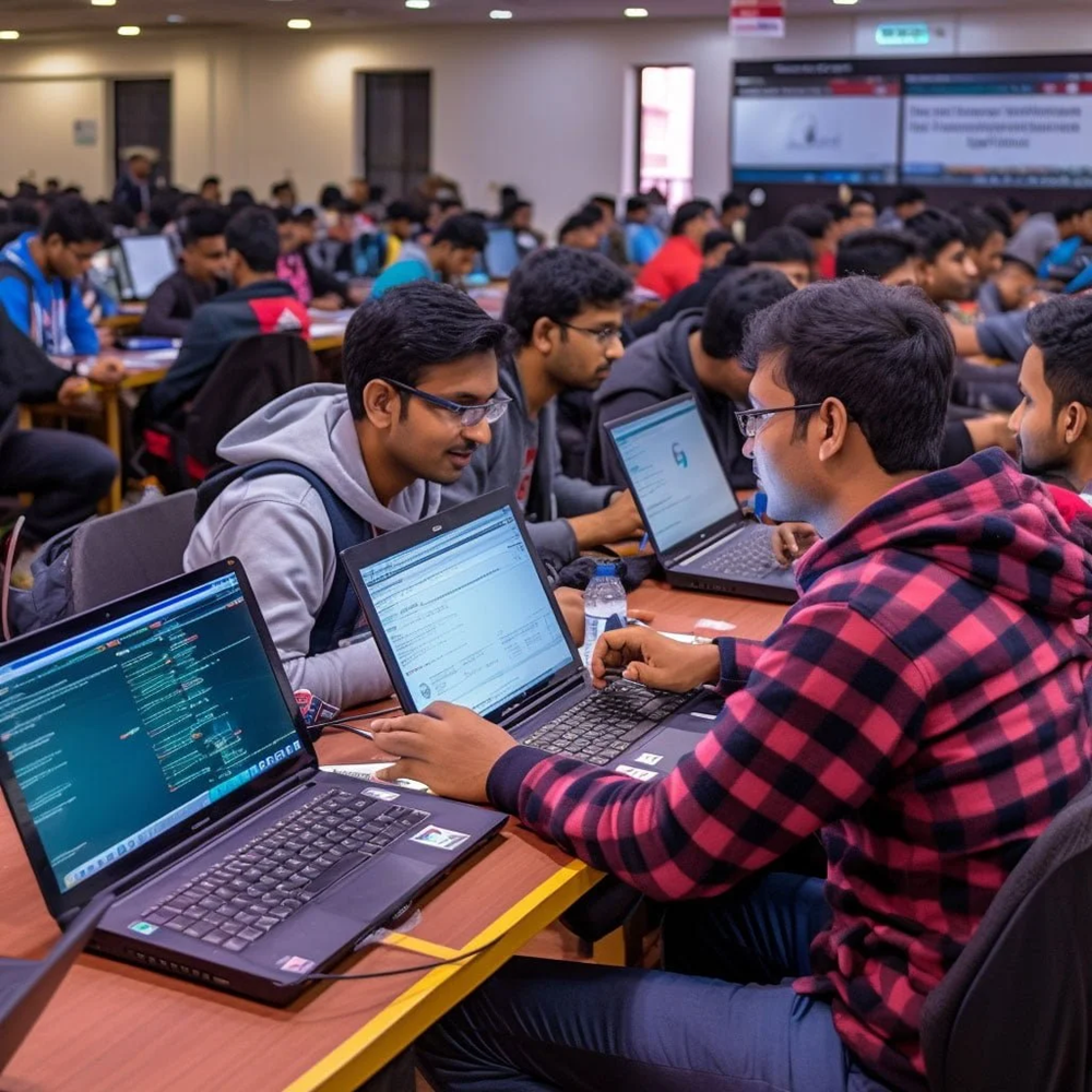 Hackathon participants collaborating on laptops and coding together